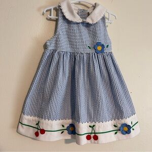 Vintage Blue Seersucker Striped Kids Dress with Floral Appliqué Embroidery